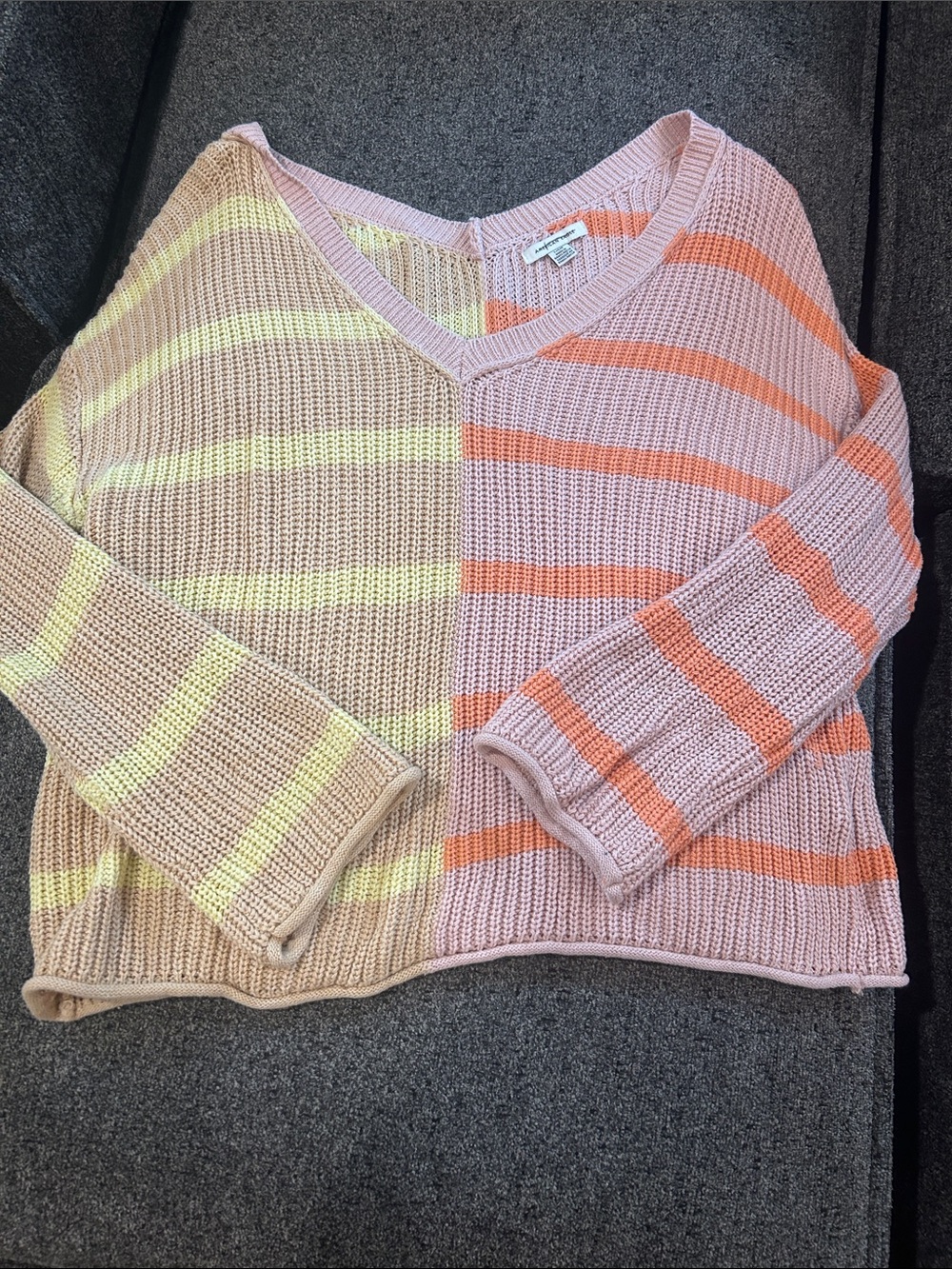 Striped V-Neck Lightweight Knit Sweater in Pink and Beige